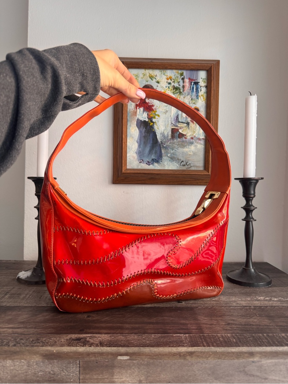 MARY READ Vintage Sunset Ombre Patent Leather Wave Whipstitch Hobo Shoulder Bag